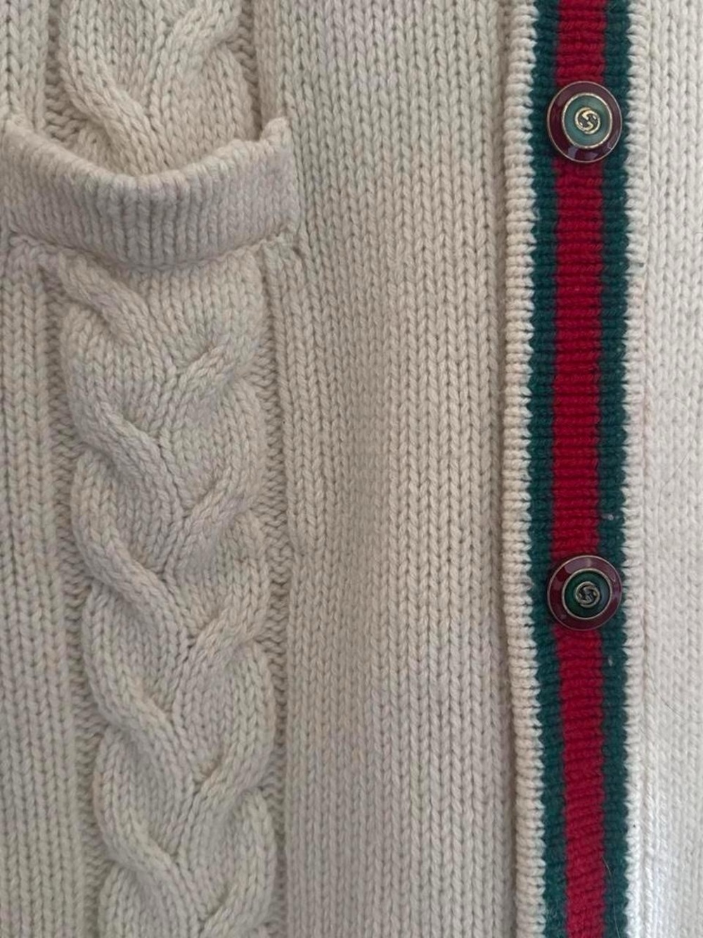 Gucci Cream Cable Knit Long Cardigan with Red & Green Trim and Yellow Patch - Picture 7 of 8